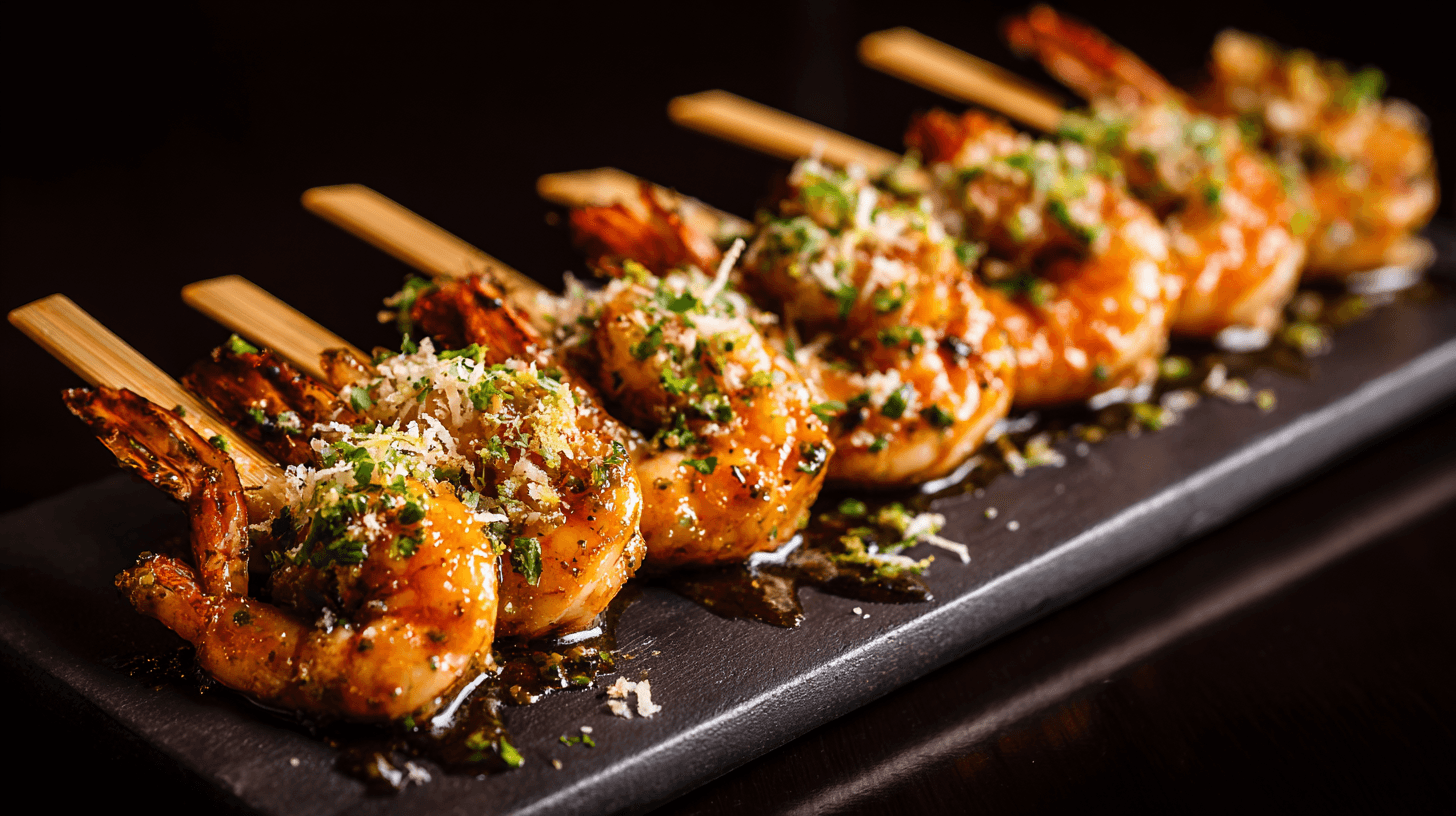 Coconut rum shrimp on sugarcane skewers