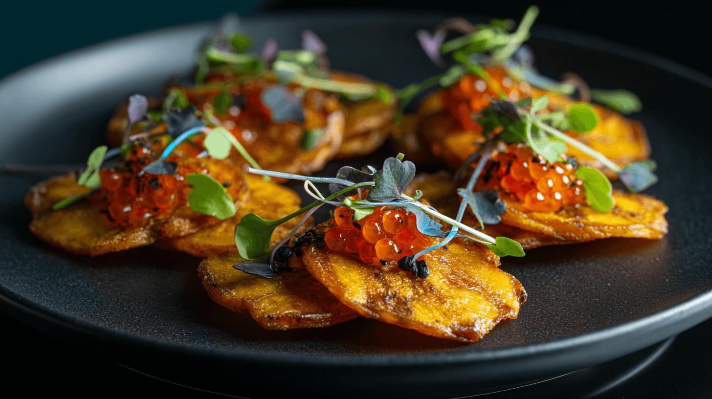 Plantain chips with pepper sauce pearls