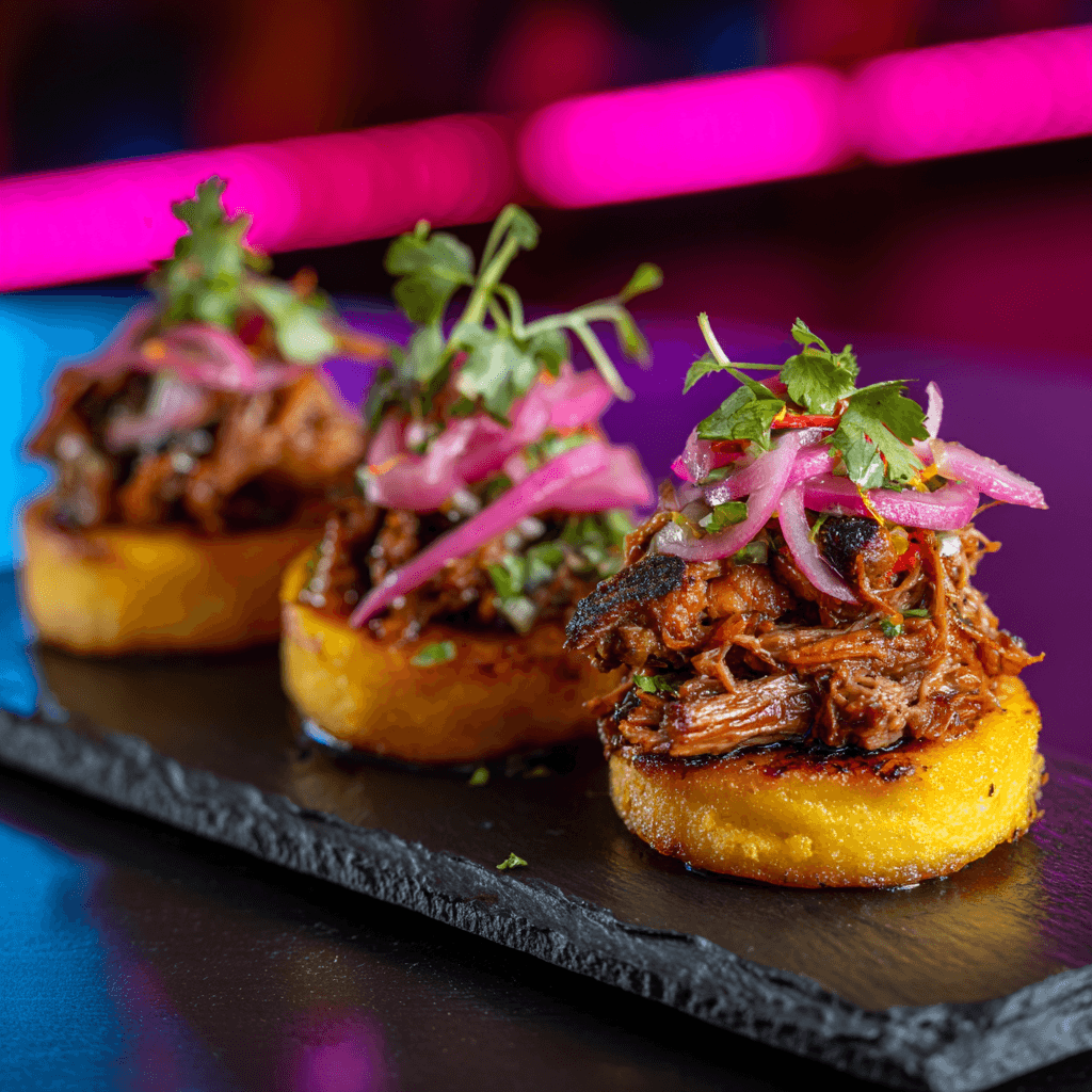 Plantain sliders with jerk pulled meat
